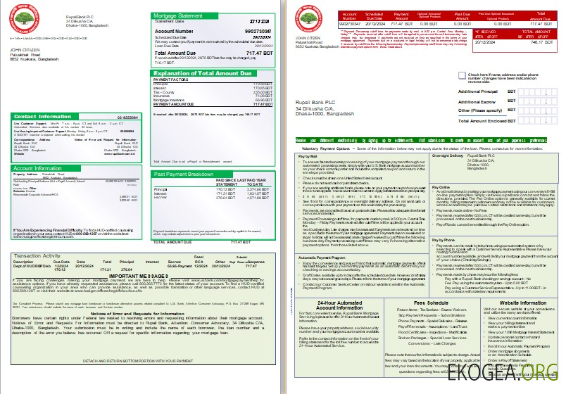 Relevé hypothécaire de la Bangladesh Rupali Bank, 3 pages, 1, 2 scr